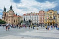 View on Old Town Square, Church of St. Nicholas and Jan Hus monument. Royalty Free Stock Photo