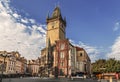 View on the old town square and city hall with tourists in summer Sunny day in Prague Royalty Free Stock Photo