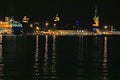 View of the old town of Tallinn, Saint Olaf church and cruise liner at the night, Estonia Royalty Free Stock Photo