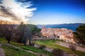 View of the old town with tiled roofs and the Gulf of Saint Tropez, beautiful scenery, a trip to the French Riviera in Provence i Royalty Free Stock Photo