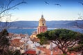 View of the old town with tiled roofs and the Gulf of Saint Tropez, beautiful scenery, a trip to the French Riviera in Provence i Royalty Free Stock Photo
