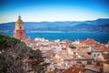 View of the old town with tiled roofs and the Gulf of Saint Tropez, beautiful scenery, a trip to the French Riviera in Provence i Royalty Free Stock Photo