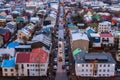 View of Old Town from top of church tower at dusk, Reykjavik