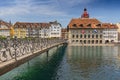 View of the old town with Town Hall and Reuss river in Lucerne, Switzerland