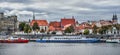 View on Old Town and Vltava river with tourist boats, embankment, Prague, Czech Republic. Prague city center Royalty Free Stock Photo