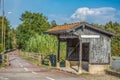 View of old train stop, small infrastructure, vintage wooden building, cycle and pedestrian ecopist in Viseu