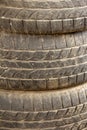 View of old tyres stacked over one another