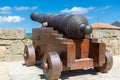 View of old wooden-based cannon in the fortress of Castelo de Chaves Royalty Free Stock Photo