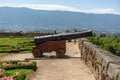 View of old wooden-based cannon in the fortress of Castelo de Chaves