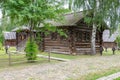 View of the old wooden houses in the park of Russian art in Kostroma, photo was taken on a cloudy summer day Royalty Free Stock Photo