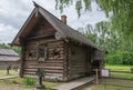 View of the old wooden houses in the park of Russian art in Kostroma, photo was taken on a cloudy summer day Royalty Free Stock Photo