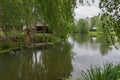 View of the old wooden houses in the park of Russian art in Kostroma, photo was taken on a cloudy summer day Royalty Free Stock Photo