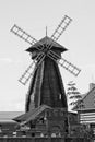 View of old wooden mill in a summer day black and white Royalty Free Stock Photo