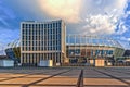 Olimpiyskiy National Sports Complex from the Troyitska Square. Kyiv, Ukraine