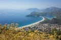 View of Oludeniz beach and Blue Lagoon from Lycian Way hiking trail, Mediterranean coast in Turkey. Dry golden color thistle Royalty Free Stock Photo