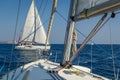 View from one sailing yacht deck to another cruising boat. Royalty Free Stock Photo