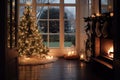 View through open door to cozy living room in country house with fireplace and big Christmas tree. Royalty Free Stock Photo