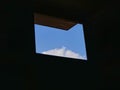 View Or Open Window With Blue Sky And Clouds Surrounded By Dark Window Frame