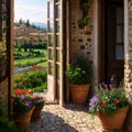 View through an open window with shutters and a flowerbox out over the Tuscan countryside and medieval hilltop old