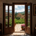 View through an open window with shutters and a flowerbox out over the Tuscan countryside and medieval hilltop old