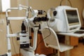 View of the ophthalmic microscope on the table in the ophthalmologist`s office. Modern diagnostics and treatment of vision.