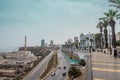 View from the Oran beachfront avenue towards palms, road and hot