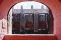 View through arch int the former monestary Convent de San Bernardino de Siena in Valladolid, Yucatan, Mexico Royalty Free Stock Photo