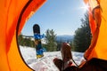 The view from the orange tent on mountain, forest, snowboard and sun