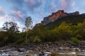 Sunset on Arazas river and Punta de Gallinero mountain at Nation