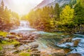 View of Ordesa valley and the mountain range above it, , Ordessa and Monte Pertdido National Park, Huesca Pyrenees, Aragon, Spain. Royalty Free Stock Photo