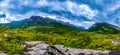 View of Ordesa valley and the mountain range above it, , Ordessa and Monte Pertdido National Park, Huesca Pyrenees, Aragon, Spain. Royalty Free Stock Photo
