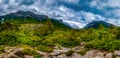 View of Ordesa valley and the mountain range above it, , Ordessa and Monte Pertdido National Park, Huesca Pyrenees, Aragon, Spain. Royalty Free Stock Photo