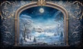 A view through an ornate frame into a winter realm where we see a magical castle on a snowy mountaintop.