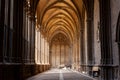 Ornate gothic cloister arcade arches of the Catholic Cathedral , Pamplona