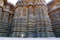 View of ornate wall panel relief in a stellate form of shrine, Hoysaleshwara temple, Halebidu, Karnataka. View from South West.