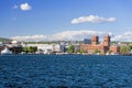 View of Oslo Town Hall and Aker Brygge from the sea Royalty Free Stock Photo