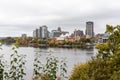 View of Ottawa River and Gatineau city of Quebec in Canada from Major\'s Hill Park in autumn Royalty Free Stock Photo