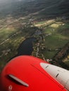 View out of aircraft window over engine