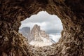 View out of a loophole of the Mount Lagazuoi tunnels, built during the First World War, Dolomite Alps in South Tirol