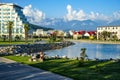 View of the outdoor swimming pool with clear water in the territory of Sochi Hotel Park.
