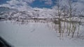 View outside of window from flamsbana train on snow landscape