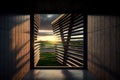 view of the outside world through window louver and open windows