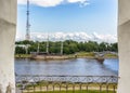 View of the outskirts of Veliky Novgorod from the bell tower across the Volkhov River Royalty Free Stock Photo