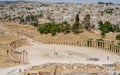 View of the Oval Forum colonnade in ancient Jerash, Jordan.