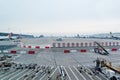 Airplanes stationed and taxiing at Brussels Airport