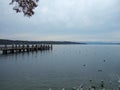 View over the Ammersee to the white mountains of the Alps. On the right a wooden jetty and some ducks and birds on the still water