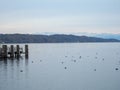 View over the Ammersee to the white mountains of the Alps. On the right a wooden jetty and some ducks and birds on the still water