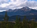 View over Athabasca River Valley in Jasper National Park, Alberta, Canada on cloudy day in autumn season. Royalty Free Stock Photo