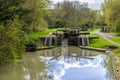 A view over the Aylestone Mill lock on the Grand Union Canal in Aylestone Meadows, Leicester, UK