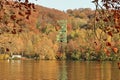 View over the Baldeneysee to the colliery tower of the former Carl Funke colliery Royalty Free Stock Photo